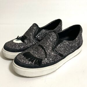 CHIARA FERRAGNI Glitter Eyelash Sneakers Gray Silver Black Slip On Size 8